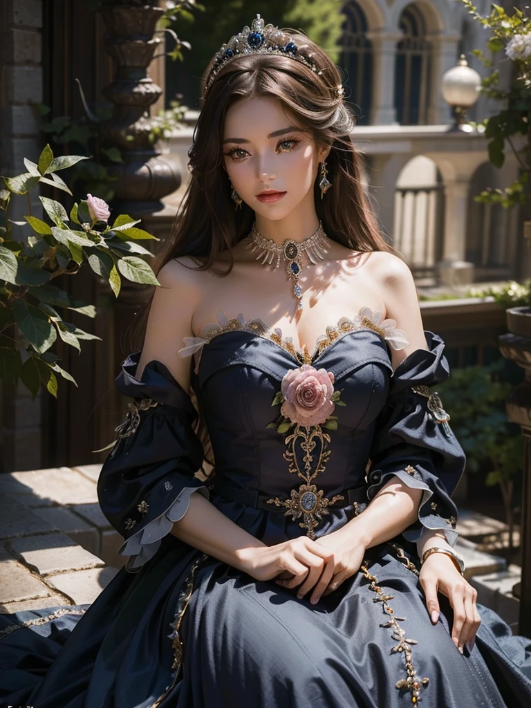 ((top-quality、masterpiece、photographrealistic:1.4、8K))、Beautuful Women、delicate and beautiful face、(Princess rides in carriage、Generate a look heading to the heart of the kingdom。Her dress is in beautiful colors、The carriage is ornately decorated。A magnificent castle rises behind。)、Luxury Accessories、landscaped gardens、Rosa、Cinematic lighting、Textured skin、Super Detail、high detailing、High quality、hight resolution、Medieval European style, big breasts, very long eyelashes