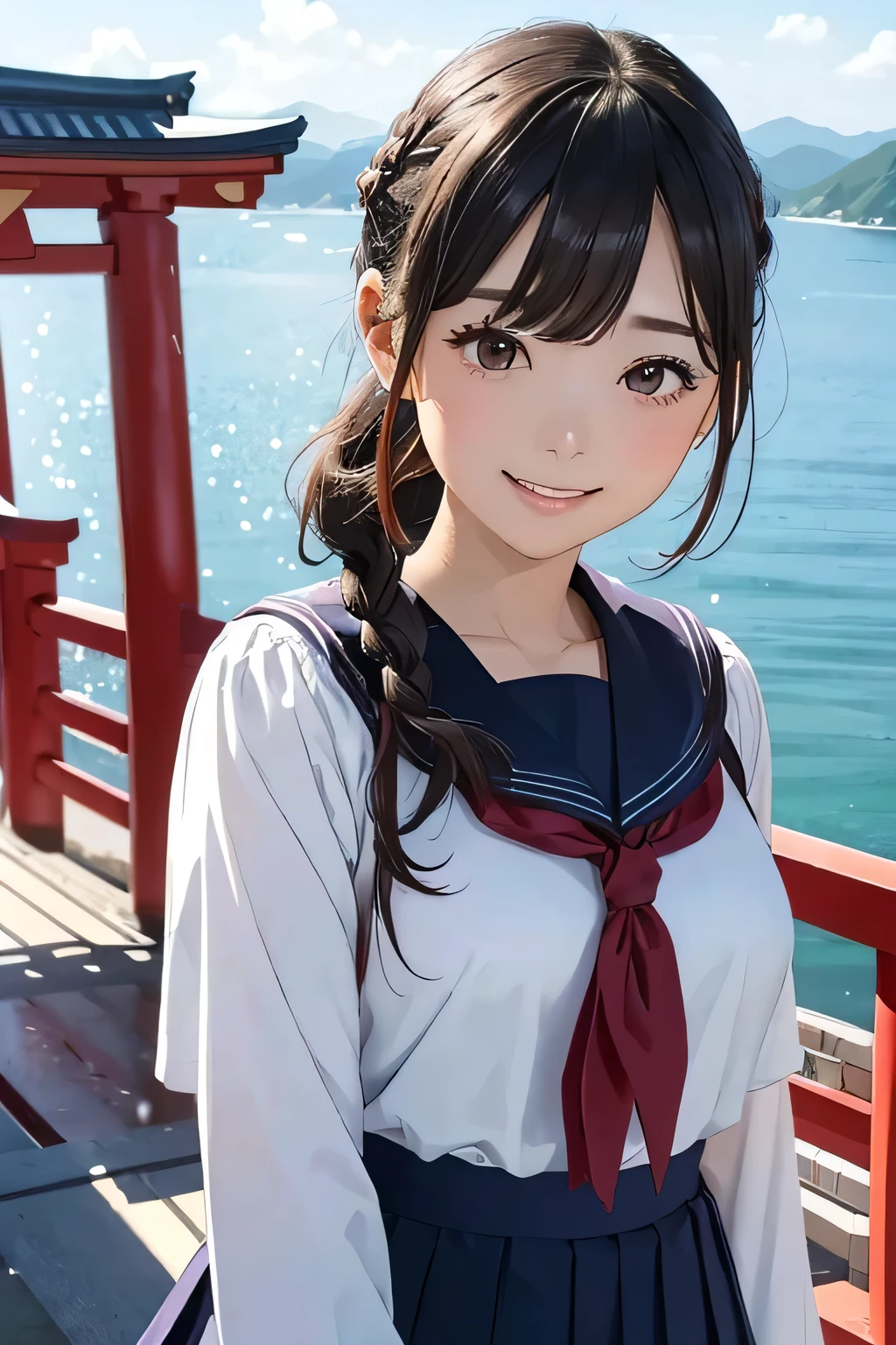 Highest quality、High resolution、Detailed Background、(Beautiful face in every detail:1.4)、Anatomically correct、(Normal number of fingers:1.2)、(Highly detailed face:1.2)、Detailed eyes、Teenage beauty、Huge breasts、Perfect body line、Light color hair、Braided bob cut、ponytail、Wavy Hairstyle、well-groomed eyebrows、White Sailor Suit、JK Uniform、White sailor collar、Checkered pleated skirt、White Stockings、School trip、A big smile、smile、itsukushima shrine、Cowboy Shot、

(itsukushima shrineを背景に自撮りする3人の美少女:1.5)、

itsukushima shrineは広島県廿日市市の宮島にある世界遺産の神社です、The large vermilion torii gate floating on the sea is a symbolic sight.「Three Views of Japan」It is counted as one of the、cute