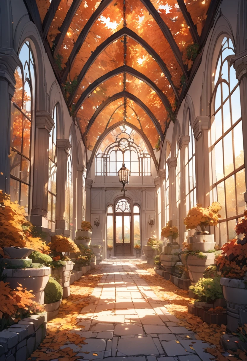 Masterpiece, soft and warm light, autumn, beautiful sky. A huge luxurious manor with arched window and slate roof. Large tower on the side, stone courtyard, white stone, lush garden