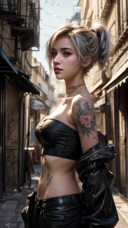 The prompts for the first theme are as followest Quality, 8K, 32K, masutepiece:1.3), Ultra-detailed, (Photorealistic:1.4), white colors, albino,happy,burst smile, Punk Girl, Detailed eyes, Upper body, Luxurious punk hair, Edgy punk fashion, Avant-garde makeup, Numerous piercings, Heavily tattooed body, Street background, Backlight effect, Shallow depth of field, Blurry background"