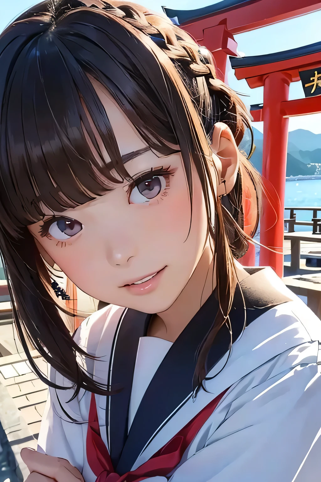Highest quality、High resolution、Detailed Background、(Beautiful face in every detail:1.4)、Anatomically correct、(Normal number of fingers:1.2)、(Highly detailed face:1.2)、Detailed eyes、Teenage beauty、Huge breasts、Perfect body line、Light color hair、Braided bob cut、ponytail、Wavy Hairstyle、well-groomed eyebrows、White Sailor Suit、JK Uniform、White sailor collar、Checkered pleated skirt、White Stockings、School trip、A big smile、smile、itsukushima shrine、Cowboy Shot、
(itsukushima shrineを背景に自撮りする3人の美少女:1.5)、
itsukushima shrineは広島県廿日市市の宮島にある世界遺産の神社です、The large vermilion torii gate floating on the sea is a symbolic sight.「Three Views of Japan」It is counted as one of the、cute