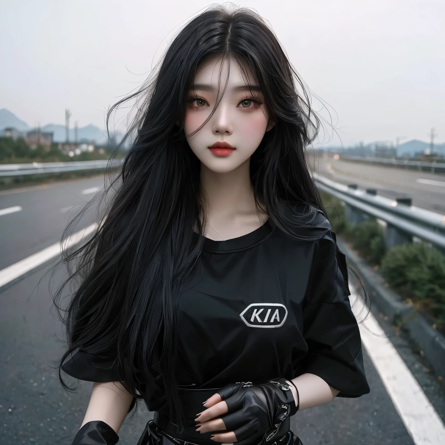 a close up of a person with long hair and gloves on a road, ulzzang, cruel korean goth girl, e - girl, e-girl, korean girl, artwork in the style of guweiz, guweiz, with long dark hair, with long hair, kanliu666,  girl portrait, asian girl with long hair