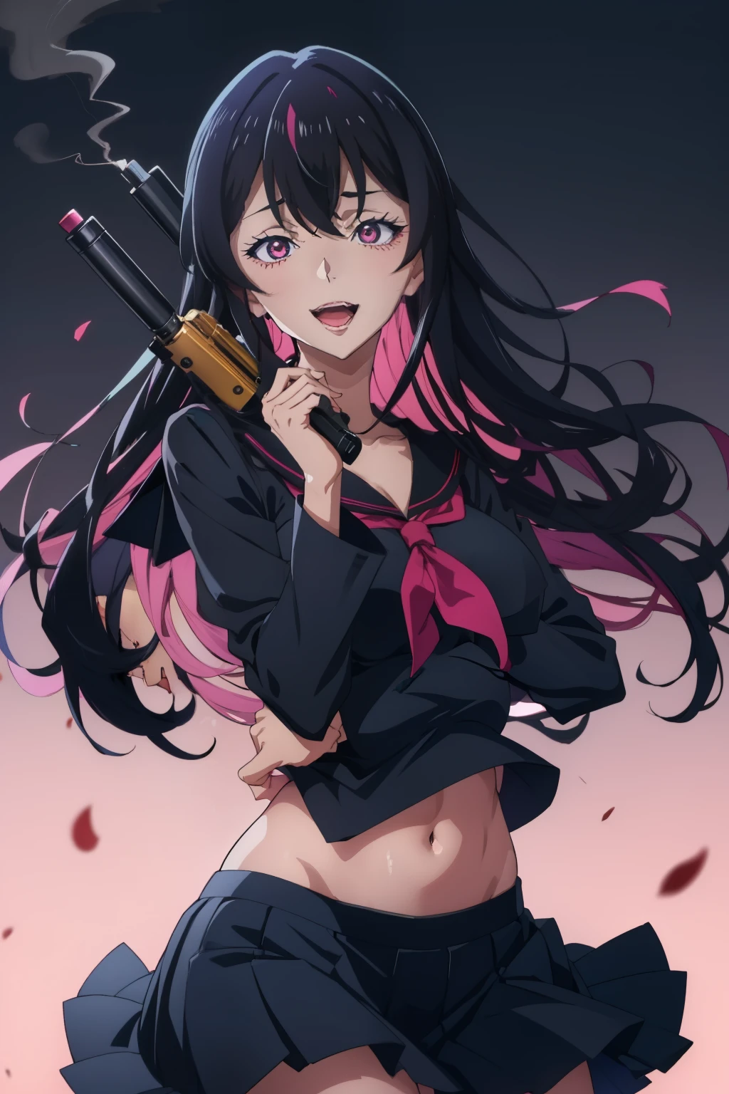 magase ai,  long hair, black collar, blush, lipstick, long hair, crazy eyes ,Hot girl, baddie, staring, glaring, bad attitude, mean girl, crazy, smoking, sensual, attractive, masterpiece, best quality, highly detailed, a anime girls in sailor uniforms with a gun posing for a picture,
evil smile, smile, open mouth,black_serafuku, ecchi anime style, anime girls , (nsfw) not safe for work,
ecchi style, ecchi, shipgirls, digital anime art!!, high school girls, holding a gun, hold a gun, anime style 4
k, micro skirt, exposed belly, exposed navel, exposed midriff, holding pistol,underboob,
exposed lower belly,school, classroom