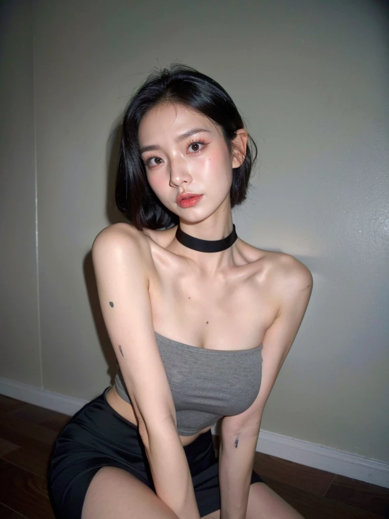 best quality, ultra high res, (photorealistic:1.4), pretty girl, strapless tanktop bra black shirt, black tight skirt, black choker, (faded ash gray hair:1), medium breasts, looking at viewer, closeup, (pretty face) , southeast asia girl. 