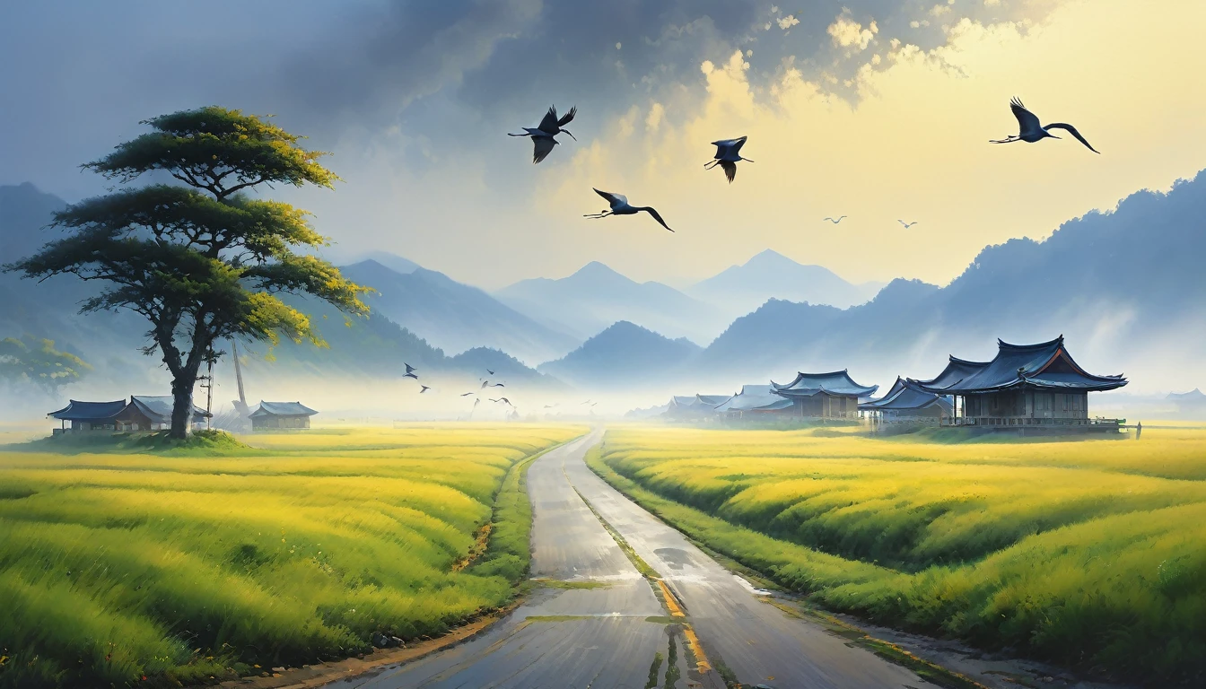 Highest quality, masterpiece, Ultra-high resolution, (realism: 1.4), Oil painting style, Cinema Lighting, An endless grassland dotted with a few houses, I stood on the empty asphalt road and looked at it., Fairy Mountain々was shrouded in mist, And the cranes were flying