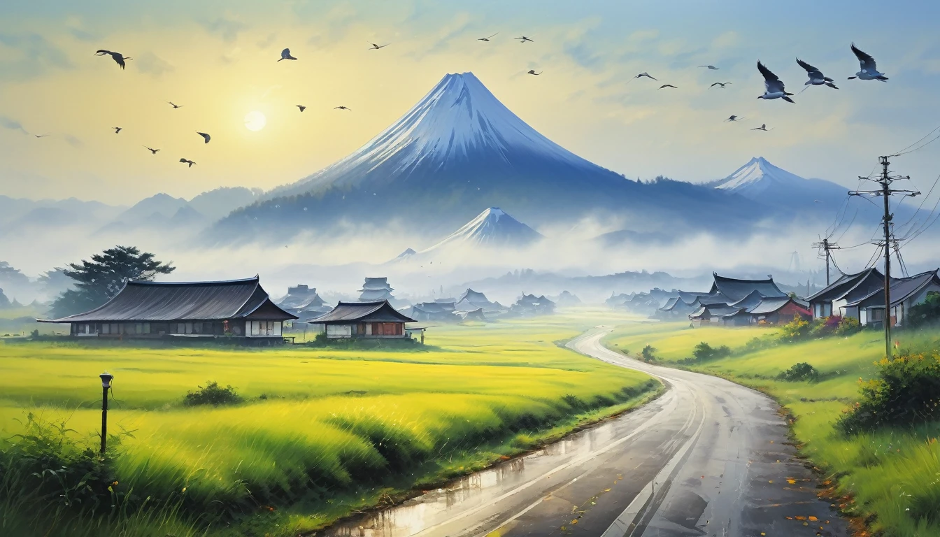 Highest quality, masterpiece, Ultra-high resolution, (realism: 1.4), Oil painting style, Cinema Lighting, An endless grassland dotted with a few houses, I stood on the empty asphalt road and looked at it., Fairy Mountain々was shrouded in mist, And the cranes were flying