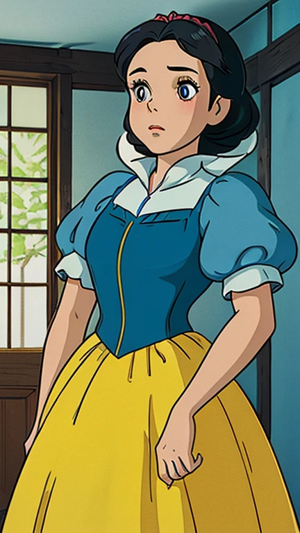 (a girl as SnowPrincessw), (extremely detailed CG unit 8k wallpaper),(master part), (best quality), (ultra detail), (best illustration),(ghibli style), cowboy shot,(Sharp eyeliner, ombre, detailed eyes:1), dwarves' house interiors GHIBLI_Background,break,upper body,puffy sleeves, dress, yellow skirt, corset