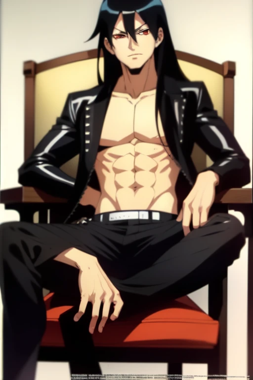 ((mejor calidad)), ((obra maestra)), (detallado),
(Bleach anime Art style), Ichigo kurosaki (final GETSUGA TENSHO) ++(Bleach),Long loose black hair+++,Perfect abdomen+++,Black leather jacket and black trousers+++,Annoying++,Red Eyes+, in first person++.Sitting in a chair++. Tall stature