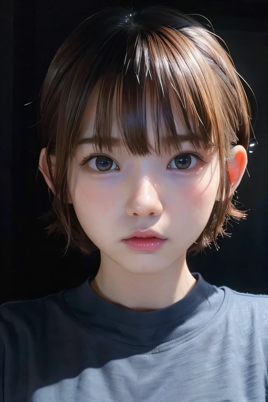 8k、Highest quality、masterpiece、(Face Shot)、(Chiaroscuro:1.3)、solo、、(Baby Face:1.3)、round face、(12 years old)、(slim、Flat Body:1.23)、, (Realistic: 1.4), (Surreal: 1.4), (Cinematic: 1.5),  Japan, , , night, Cyan Light, tension, (Crazy Short Hair:1.3), cave, underground, black t-shirts, 