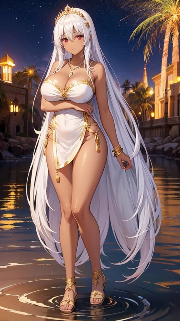 Adult woman with long white hair, dark skin, huge breasts and red eyes,Bare arms,gold tiara,necklace,Gold ornaments,White silk clothing,Bare Legs,sandals,Standing,White Rose,desert,River Water