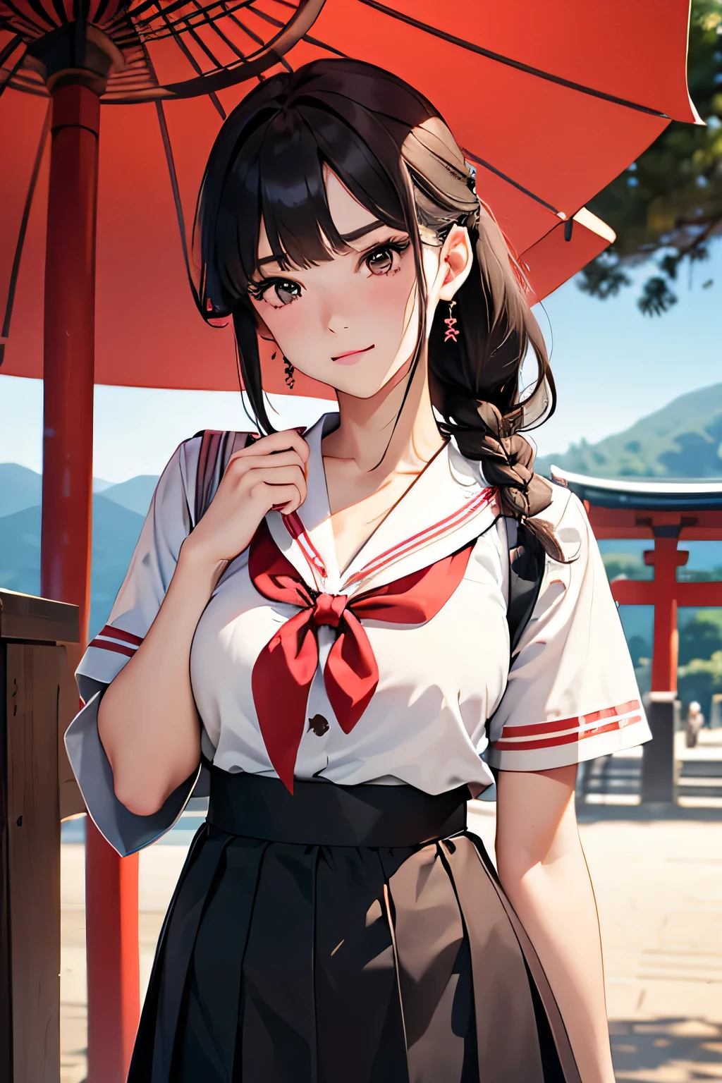 Highest quality、High resolution、Detailed Background、(Beautiful face in every detail:1.4)、Anatomically correct、(Normal number of fingers:1.2)、(Highly detailed face:1.2)、Detailed eyes、Teenage beauty、Huge breasts、Perfect body line、Brown Hair、Black Hair、Braided bob cut、ponytail、Wavy Hairstyle、well-groomed eyebrows、White Sailor Suit、JK Uniform、White sailor collar、Checkered pleated skirt、White Stockings、School trip、A big smile、smile、itsukushima shrine、Cowboy Shot、

(itsukushima shrineを背景に自撮りする3人の美少女:1.5)、

itsukushima shrineは広島県廿日市市の宮島にある世界遺産の神社です、The large vermilion torii gate floating on the sea is a symbolic sight.「Three Views of Japan」It is counted as one of the、cute