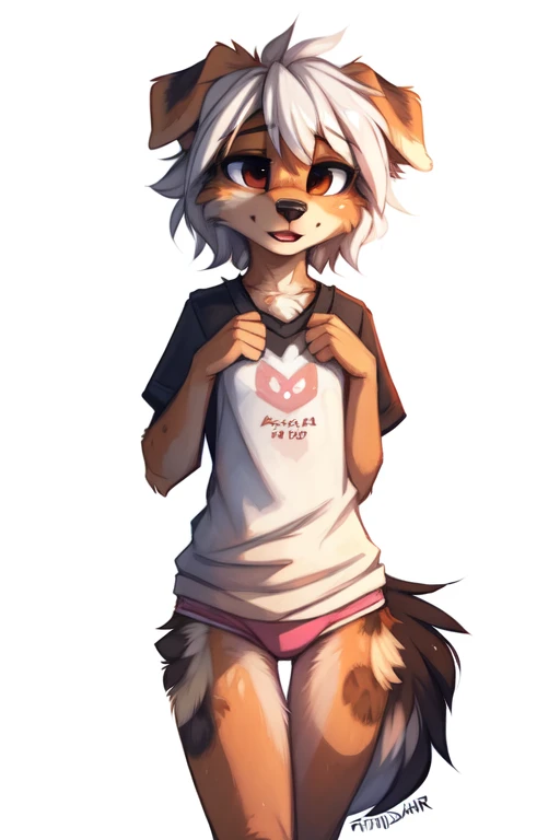 (((White background, no background))), High quality, 8K, by kenket, by swaybat, by reysi, by Zackary911, by hyattlen, by teranen, by fumiko, by Pixelsketcher, by Bayard Wu, by Einshelm, by Kilinah, by Hioshiru, by fluff-kevlar, by Dimwitdog, Furry, Anthro, solo, ((australian shepard)), ((female)), ((young)), fluffy tail, slender, ((short white hair)), chest fluff, short, small breasts, pink panties, tshirt, thigh gap, narrow hips