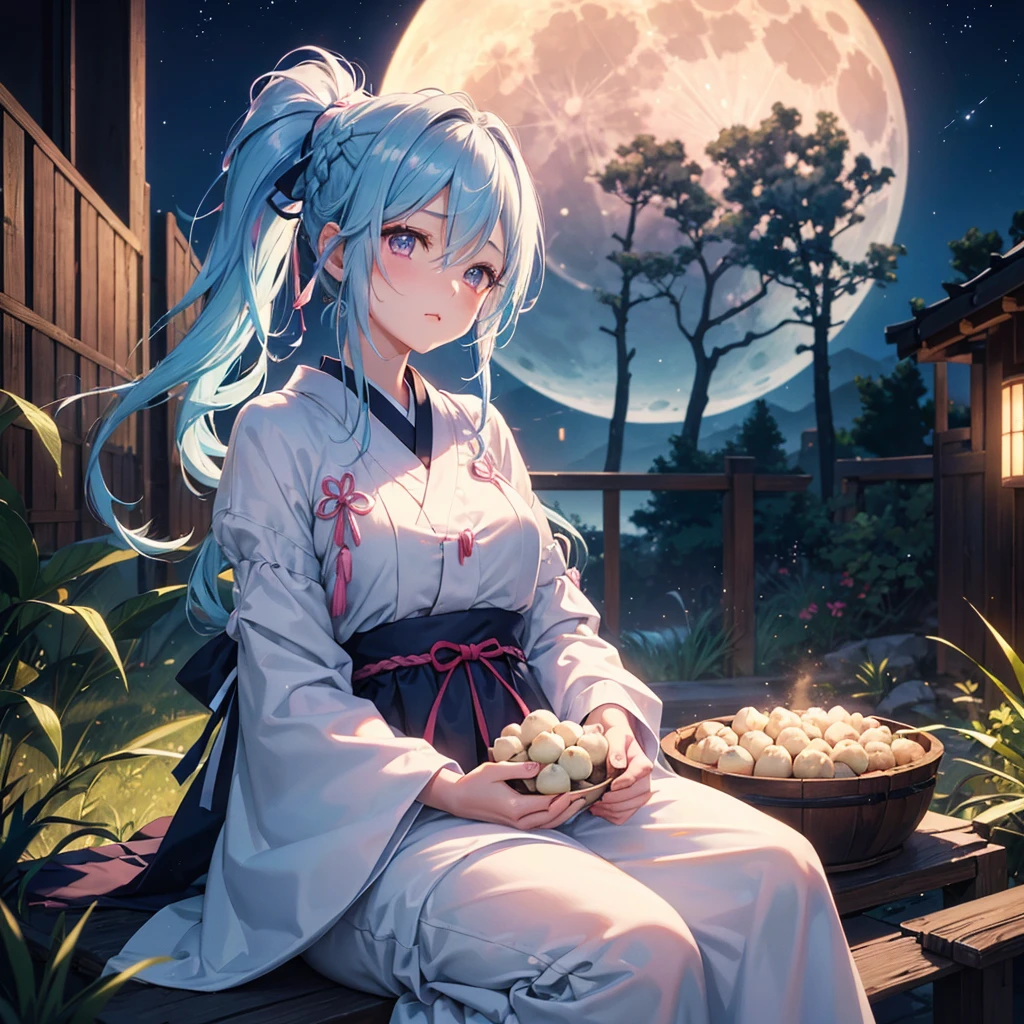 Sky blue hair, (Braided Ponytail:1.2), Pink eyes,Fair skin ,(whole body),(One Girl),Tsukimi,(White sweet dumplings ),White round dumplings,Japanese pampas grass,(beautiful, Full moon shining in the night sky),(masterpiece, Highest quality, Very detailed, Best Shadow), (Detailed Background), (Beautifully detailed face), High Contrast, (Best lighting, Very delicate and beautiful), ((Cinematic Light)), colorful, Hyper Detail,8k, Dramatic Light, Intricate details,Sit and eat dumplings while watching the moon,(Shadow of a rabbit on the moon),mysterious