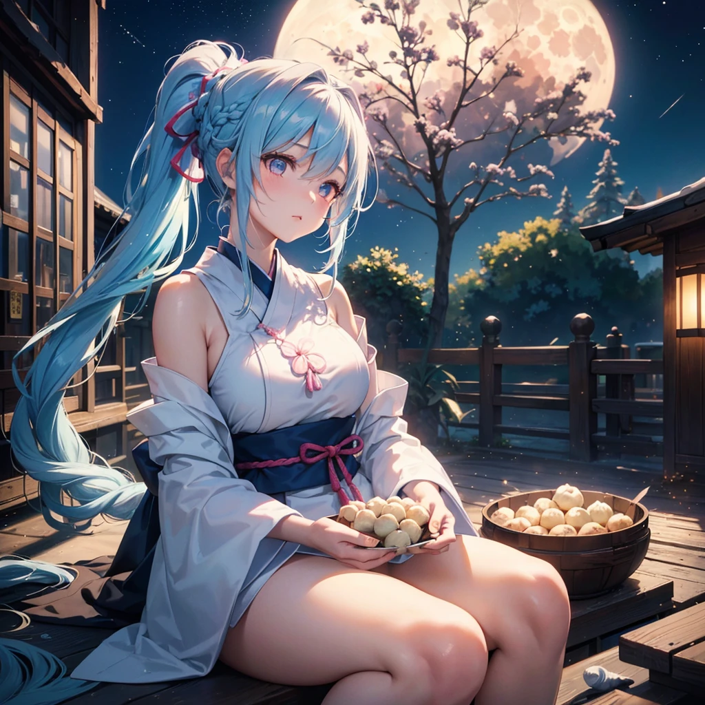 Sky blue hair, (Braided Ponytail:1.2), Pink eyes,Fair skin ,(whole body),(One Girl),Tsukimi,(White sweet dumplings ),White round dumplings,Japanese pampas grass,(beautiful, Full moon shining in the night sky),(masterpiece, Highest quality, Very detailed, Best Shadow), (Detailed Background), (Beautifully detailed face), High Contrast, (Best lighting, Very delicate and beautiful), ((Cinematic Light)), colorful, Hyper Detail,8k, Dramatic Light, Intricate details,Sit and eat dumplings while watching the moon,(Shadow of a rabbit on the moon),mysterious