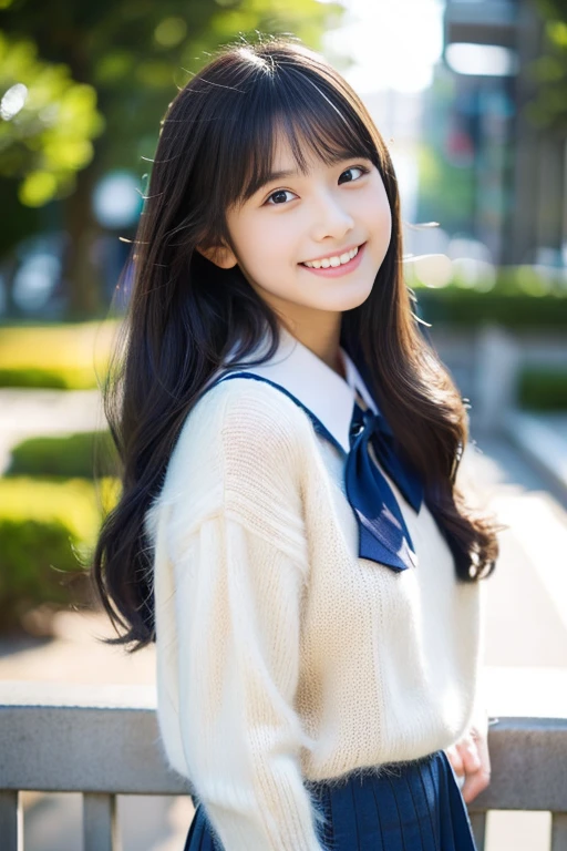 (((masterpiece))), (((Full body photo)))， (Beautiful Japanese Girl, Innocence，cute) ，Ultra-high resolution, Realistic, Ultra-detailed, 8k,Highest quality, Very detailed, Detailed Background,Slender,とてもBeautiful Japanese Girl, Detailed face:1.3), (Fluffy long hair,Black-haired :1.4), (Baby Face，cute系,Adorable 12 year old girl), (Perfect body:1.1),，Cute Smile:、show me your beautiful teeth、非常にDetailed face、Detailed lips、Detailed eyes、 gravure idol，Clear Skin、Realistic:1.37，No makeup，Neutral lighting,(Highest quality, masterpiece), (One girl, alone, school uniform,Navy blue jumper skirt,,Are standing , View your viewers, Beautiful clavicle、have a paperback book、Mouth closed, Upper Body),(at the library)