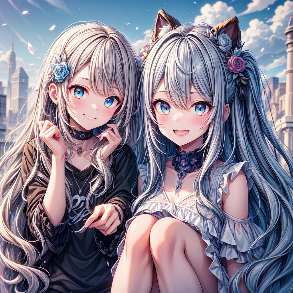 2 girls, high school student, , sitting and eating soft serve ice cream, Very smiling, Open your mouth, Close ~ eyes, LOL, noon, Bright sky, Masterpiece, Committed to ultra-high definition and vivid colors, Super detailed, Attention to detail, highest quality, 8K, 16K, Exquisite detail, A style that combines romanticism and realism, High resolution, Perfect Anatomy, Background Bokashi, Bokeh, Angle from below, in focus with blurred background