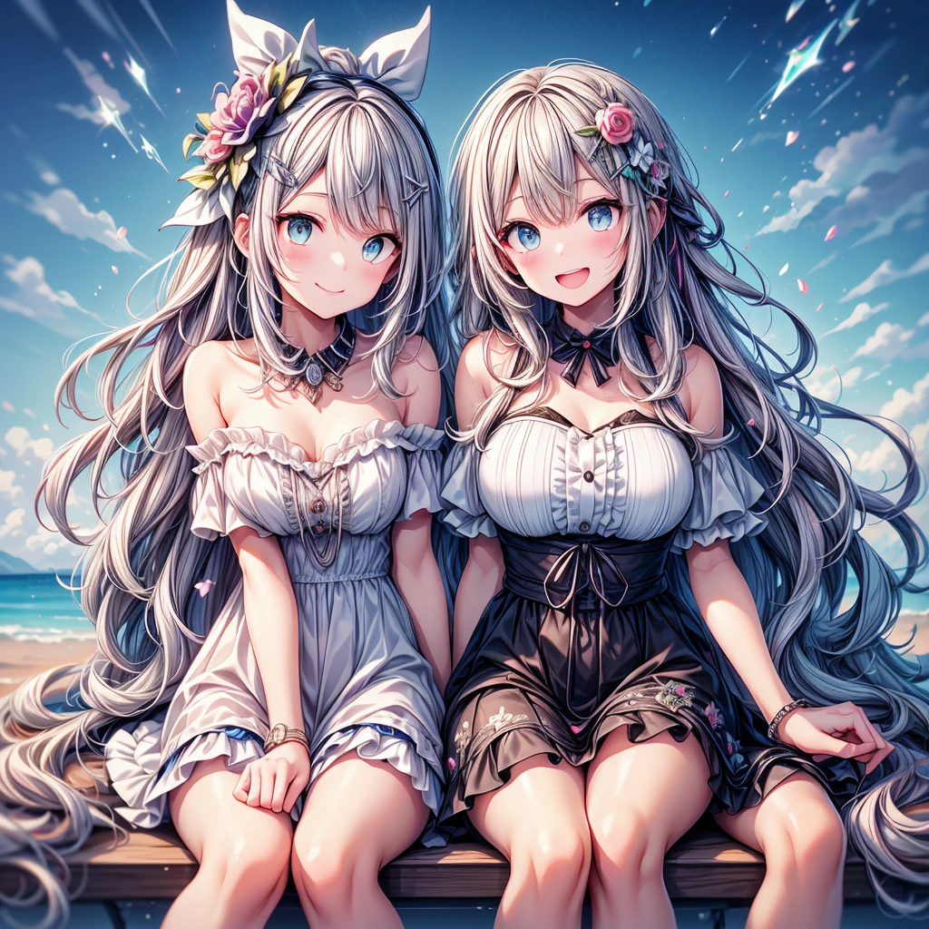 2 girls, high school student, , sitting and eating soft serve ice cream, Very smiling, Open your mouth, Close ~ eyes, LOL, noon, Bright sky, Masterpiece, Committed to ultra-high definition and vivid colors, Super detailed, Attention to detail, highest quality, 8K, 16K, Exquisite detail, A style that combines romanticism and realism, High resolution, Perfect Anatomy, Background Bokashi, Bokeh, Angle from below, in focus with blurred background