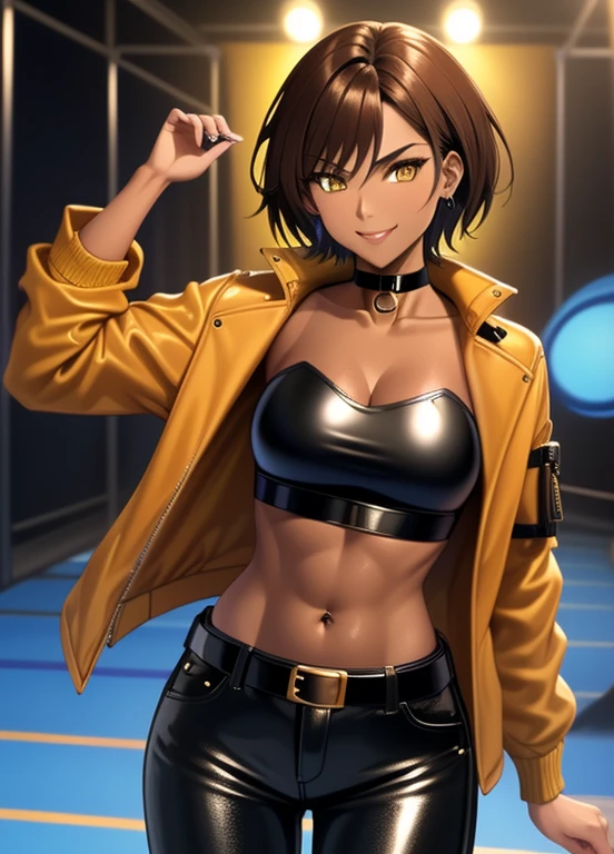 high quality, extremely detailed, perfect face, 1girl, solo, 26 years old, tomboy, (shiny skin), midriff, (tan-bronze skin), (Yellow eyes), short brown hair, medium breasts, (Cleavage), (Wearing: blue jacket, choker, Strapless black top, Belt, Black shiny leather pants), tight fitting clothing, piercings, toned, hourglass figure, athletic, snarky expression, wide smile, at rave, nightclub,