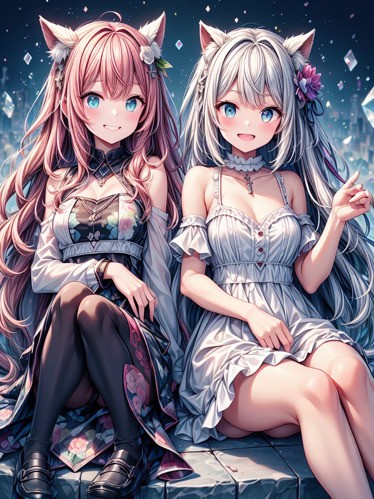 2 girls, high school student, , sitting and eating soft serve ice cream, Very smiling, Open your mouth, Close ~ eyes, LOL, noon, Bright sky, Masterpiece, Committed to ultra-high definition and vivid colors, Super detailed, Attention to detail, highest quality, 8K, 16K, Exquisite detail, A style that combines romanticism and realism, High resolution, Perfect Anatomy, Background Bokashi, Bokeh, Angle from below, in focus with blurred background