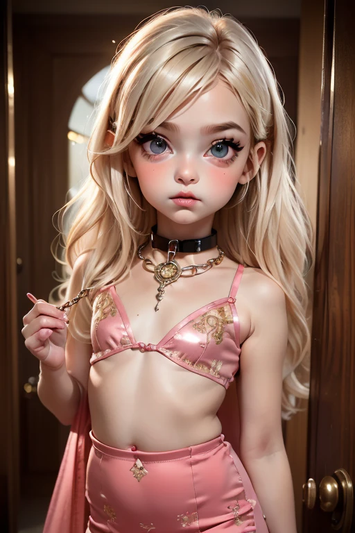 (((1 toddler:1.4))), (baby face), (round face), (little chest), (blonde long hair:1.2, big forhead:1.2), (straight cut bangs:1.2), blonde hair, shiny hair, hairgrip, curled eyelashes:0.6,(beautiful big eyes:1.3), intricate eyes,beautiful detailed eyes,symmetrical eyes,big eyes:1.5,(apricot eyes:1.2), extremely detailed cute anime face, clear pale blush, dark brown skin, solo,🦄,🌈,kawaii,(((lustrous skin:1.5,tanned skin,bright skin: 1.5,skin tanned,shiny skin,very shiny skin,shiny body))),((nsfw)),((little loli,chibi))),((small tiny body)),,((((6 years old)))),((flat chest)),

mini skirt,(navel),(snowflake wreath),winter clothes,(((slave collar,Long chain leash connected to her collar,shackles))),(((torn clothes:1.1,dark pink theme clothes:1.2,intricate outfit,intricate clothes,embroidered outfit,ornate outfit,embroidered clothes,ornate clothes))),

(dynamic pose:1.0),embarrassed,(centered,scale to fit dimensions,Rule of thirds),

inside,indoor,((subsurface,labyrinth,dungeon,dark dungeons,stone walls, deep empty caves,ancient glowing crystals,elaborate underground structure,columnar crystal formations,subterranean fantasy,illuminated pathways leading deeper,hidden door veiled in shadows)),scenery:1.25,((intricate scenery)),

(Glossy glowing ornaments),highres,sharp focus,(ultra detailed,extremely detailed),(photorealistic artwork:1.37),(extremely detailed CG unity 8k wallpaper),(((vibrant colors,vibrant theme))),(intricate),(masterpiece),(best quality),artistic photography,(photography taken by sldr),(intricate background),perfect rendered face,perfect face details,realistic face,photo realistic,((intricate detail)),(((realism))),
