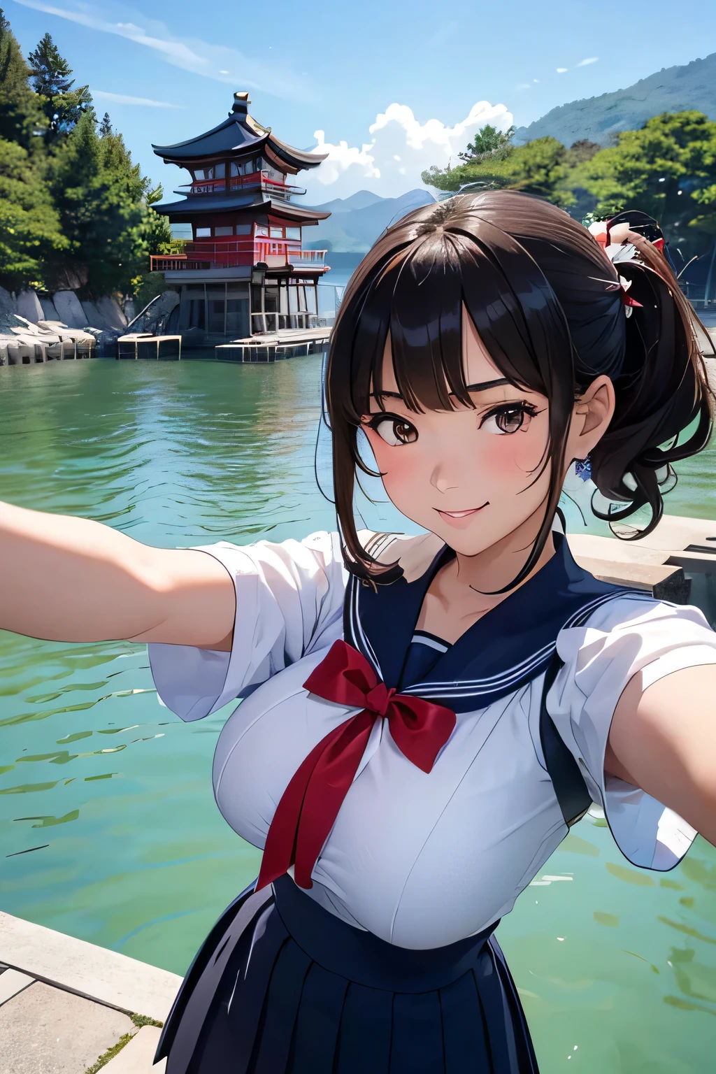Highest quality、High resolution、Detailed Background、(Beautiful face in every detail:1.4)、Anatomically correct、Highly detailed face、Detailed eyes、Teenage beauty、Huge breasts、Perfect body line、Brown Hair、Black Hair、Braided bob cut、ponytail、Wavy Hairstyle、well-groomed eyebrows、Shiny navy blue sailor suit、White sailor collar、Checkered pleated skirt、White Stockings、School trip、A big smile、smile、itsukushima shrine、
(Three girls taking a selfie with a famous spot in the background:1.5)、
itsukushima shrineは広島県廿日市市の宮島にある世界遺産の神社です、The large vermilion torii gate floating on the sea is a symbolic sight.「Three Views of Japan」It is counted as one of the、cute