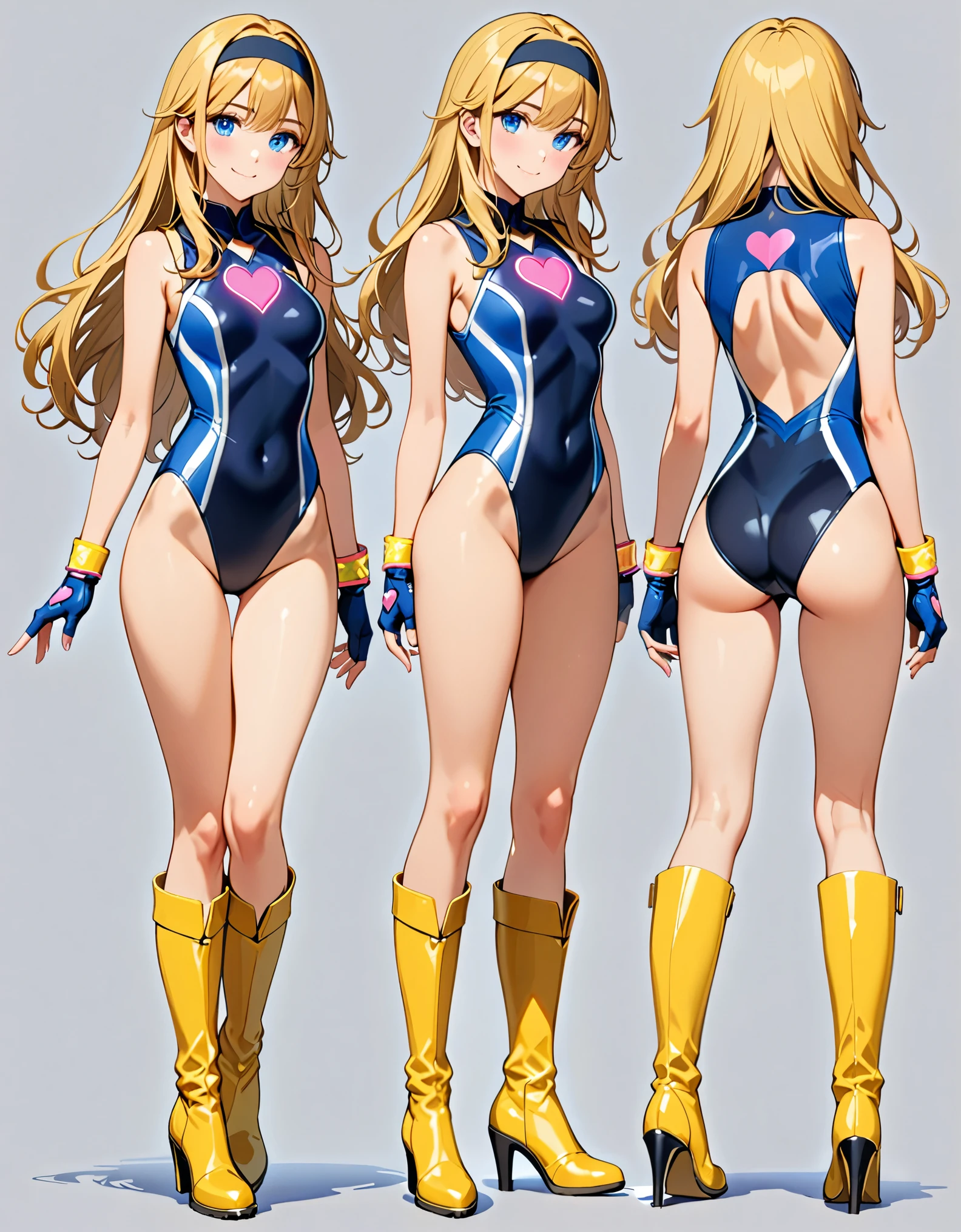 (masterpiece), (best quality), (hires), highly detailed, 1girl, age 16, (bangs, blonde hair, hair down), ((black headband)), blue eyes, beautiful detailed eyes, beautiful detailed face, cute face, (perfect hands, complete fingers, perfect anatomy, perfect proportions), ((leotard, dark blue leotard, sleeveless)), bare legs, ((boots, yellow boots, yellow footwear, knee boots, high heels)), breasts, medium breasts, covered navel, ((blue gloves, fingerless gloves)), ((yellow bracelets)), ((pink heart logo on chest)). looking at viewer, smile, standing, standing straight, solo, solo focus. Simple background, Multiple Views, Character Sheet Full-Length.