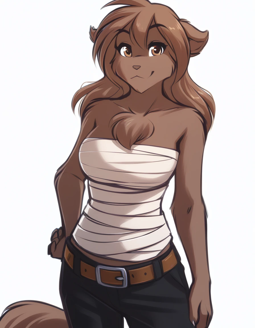 solo, tknanie, keidran, mammal, pantherine, natani_(twokinds), natani twokinds, twokinds, personalami, rating:safe, white background, white_background, brown fur, brown hair, brown eyes, female, big breasts, chest_wraps, wraps shirt pants backpack hoodie