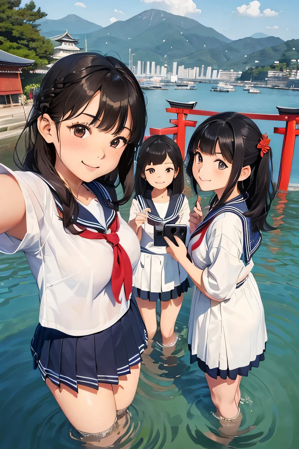 Highest quality、High resolution、Detailed Background、(Beautiful face in every detail:1.4)、Anatomically correct、Highly detailed face、Detailed eyes、Teenage beauty、Huge breasts、Perfect body line、Brown Hair、Black Hair、Braided bob cut、ponytail、Wavy Hairstyle、well-groomed eyebrows、Shiny navy blue sailor suit、White sailor collar、Checkered pleated skirt、White Stockings、School trip、A big smile、smile、itsukushima shrine、
(Three girls taking a selfie with a famous spot in the background:1.5)、
itsukushima shrineは広島県廿日市市の宮島にある世界遺産の神社です、The large vermilion torii gate floating on the sea is a symbolic sight.「Three Views of Japan」It is counted as one of the、cute