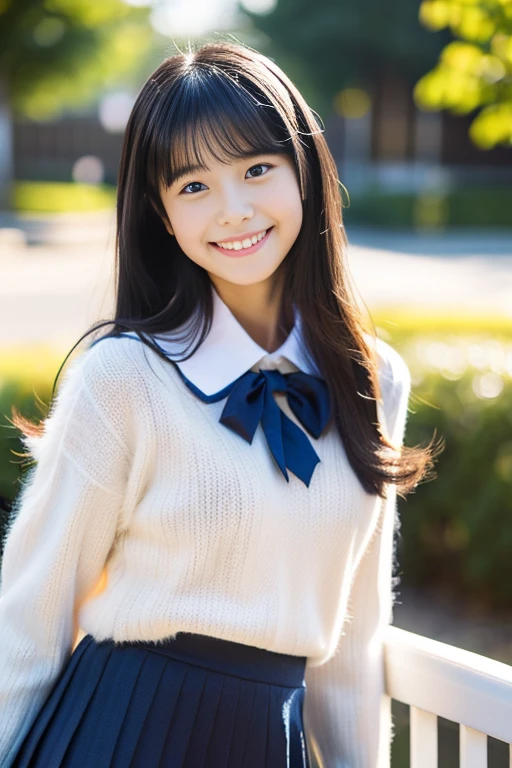 (((masterpiece))), (((Full body photo)))， (Beautiful Japanese Girl, Innocence，cute) ，Ultra-high resolution, Realistic, Ultra-detailed, 8k,Highest quality, Very detailed, Detailed Background,Slender,とてもBeautiful Japanese Girl, Detailed face:1.3), (Fluffy long hair,Black-haired :1.4), (Baby Face，cute系,Adorable 12 year old girl), (Perfect body:1.1),，Cute Smile:、show me your beautiful teeth、非常にDetailed face、Detailed lips、Detailed eyes、 gravure idol，Clear Skin、Realistic:1.37，No makeup，Neutral lighting,(Highest quality, masterpiece), (One girl, alone, school uniform,Navy blue jumper skirt,,Are standing , View your viewers, Beautiful clavicle、have a paperback book、Mouth closed, Upper Body),(at the library)