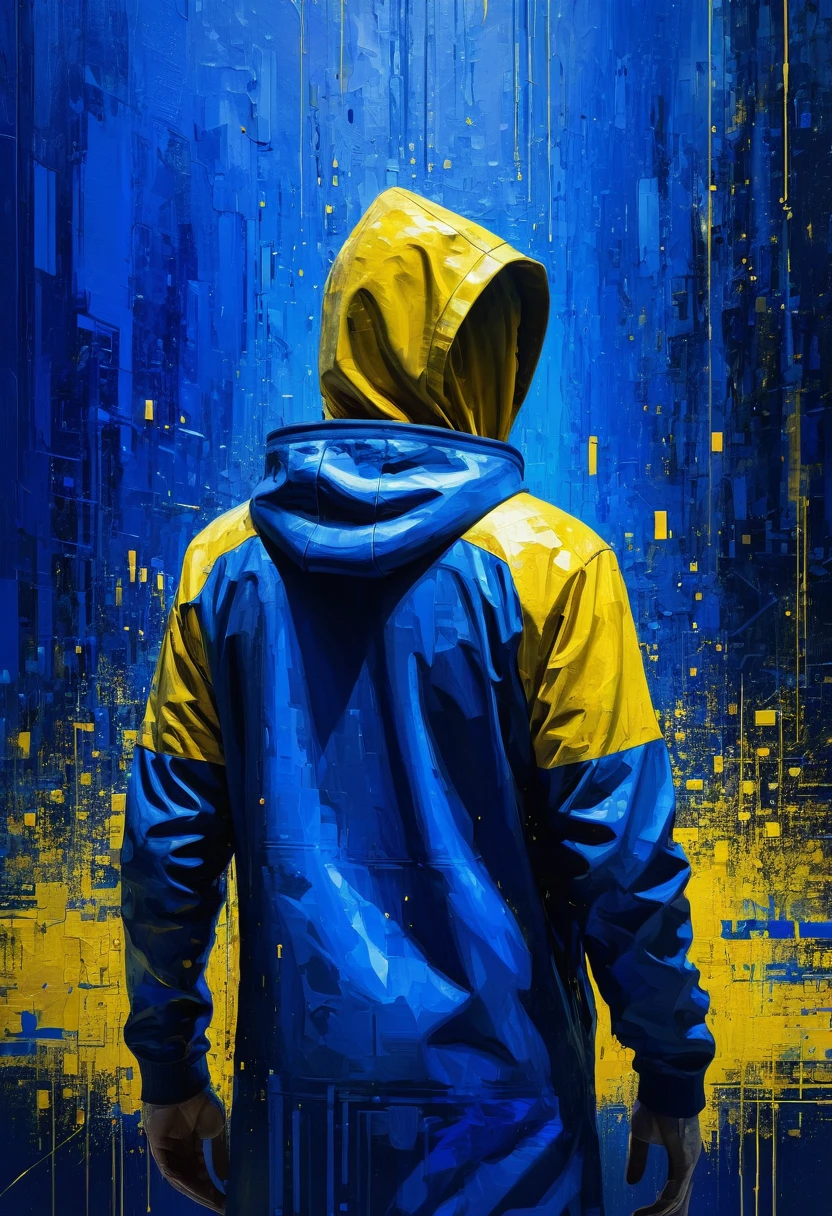 Mysterious man hacker, coding screen, royal blue, golden yellow, blue and yellow painting with high relief texture, 4D, 8k, high tech, futuristic, photorealism, abstract impressionism, art por Jeremy Mann