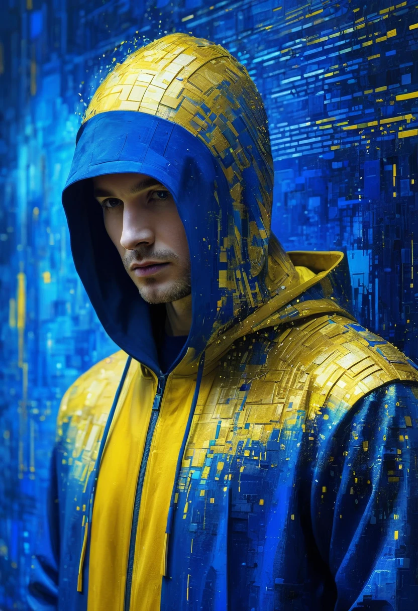 Mysterious man hacker, coding screen, royal blue, golden yellow, blue and yellow painting with high relief texture, 4D, 8k, high tech, futuristic, photorealism, abstract impressionism, art por Jeremy Mann