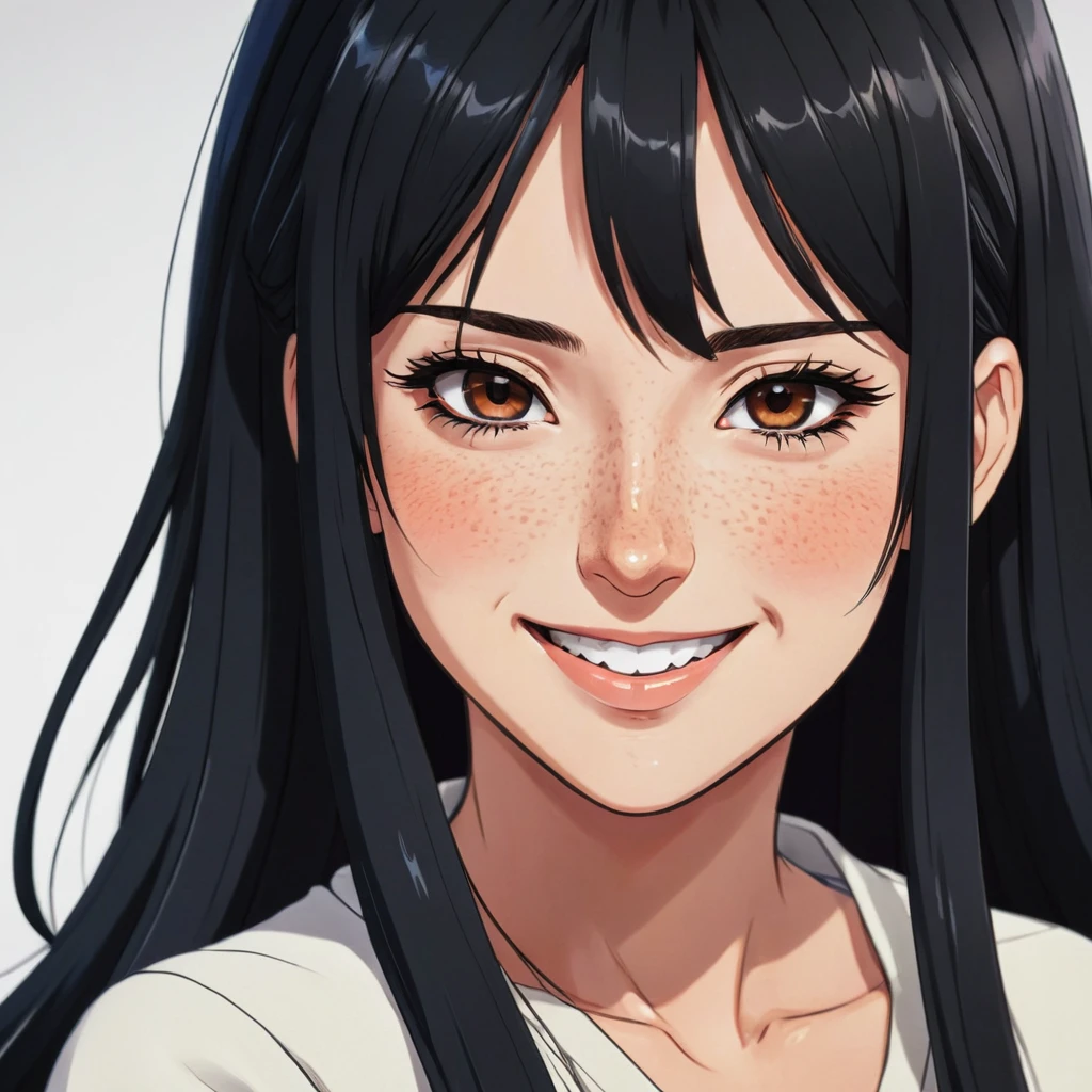 Masterpiece, best quality, {best quality}, {{masterpiece}}, {highres}, focus, anime style, a closeup of a cartoon of a woman, girl design, portrait, giesha, anime image, long hair, black hair, straight eyes, hair covering ears, happy, polished and powerful look, exotic, tall, freckles, smiling, chic clothing  