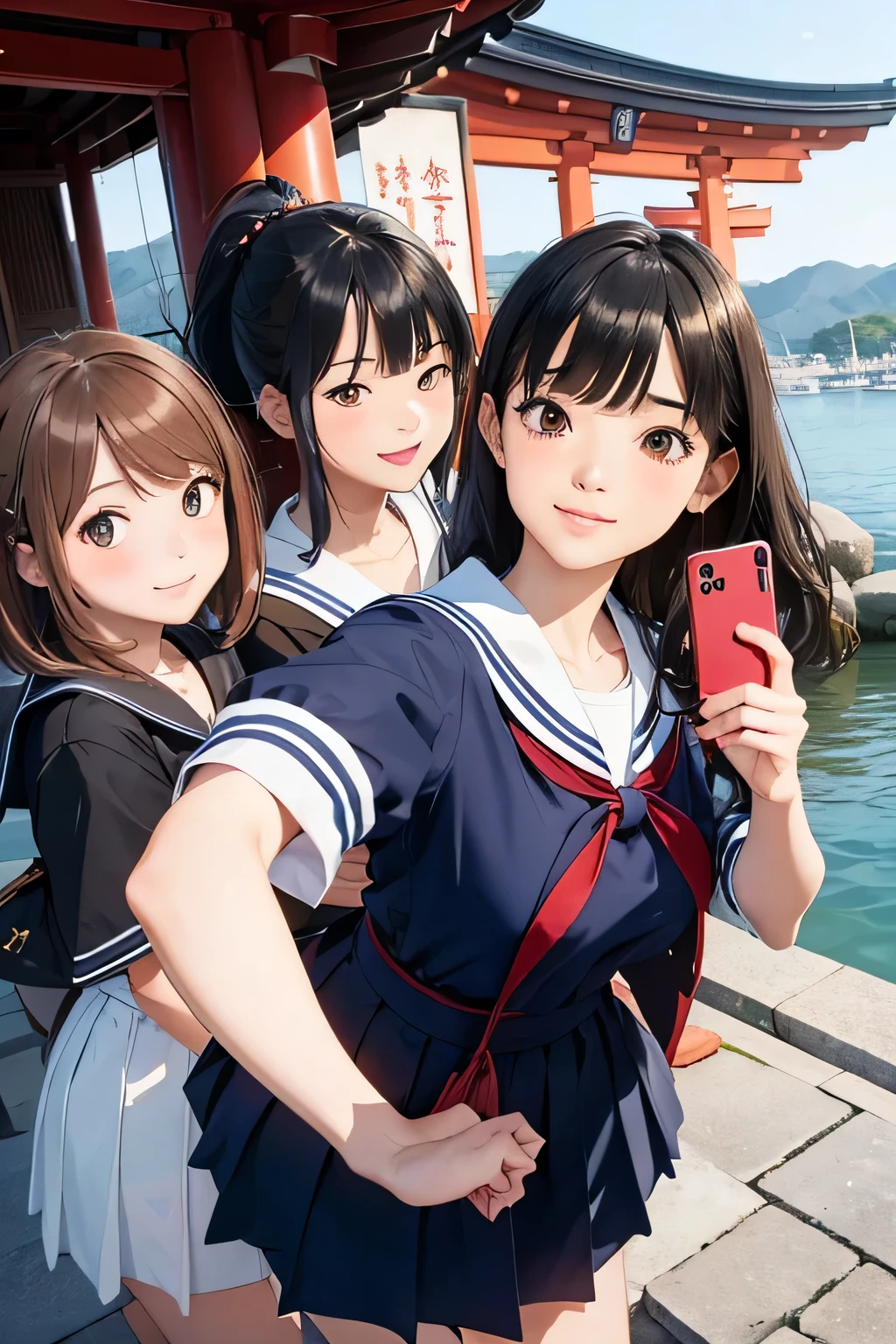 Highest quality、High resolution、Detailed Background、(Beautiful face in every detail:1.4)、Anatomically correct、Highly detailed face、Detailed eyes、Teenage beauty、Huge breasts、Perfect body line、Brown Hair、Black Hair、Braided bob cut、ponytail、Wavy Hairstyle、well-groomed eyebrows、Shiny navy blue sailor suit、White sailor collar、Checkered pleated skirt、White Stockings、School trip、A big smile、smile、itsukushima shrine、
(Three girls taking a selfie with a famous spot in the background:1.5)、
itsukushima shrineは広島県廿日市市の宮島にある世界遺産の神社です、The large vermilion torii gate floating on the sea is a symbolic sight.「Three Views of Japan」It is counted as one of the、cute