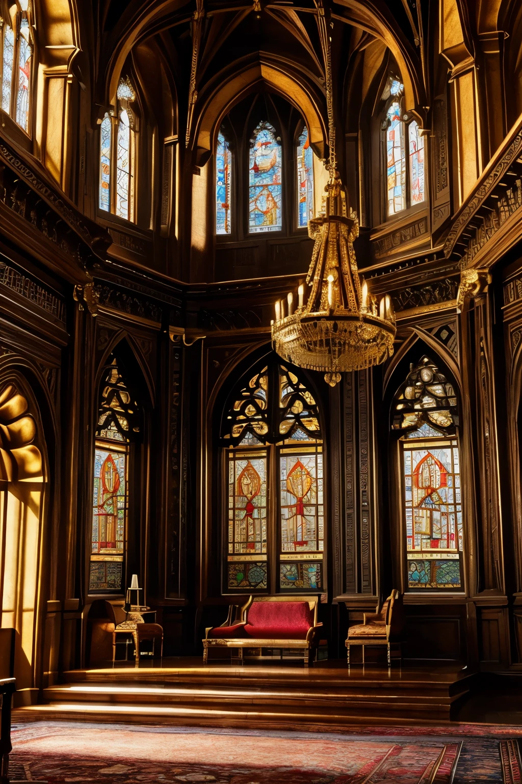 a medieval court, ornate and lavish decor, intricate patterns, gilded furniture, tapestries with heraldic designs, stained glass windows, chandeliers with candles, suits of armor, medieval architecture, high ceilings, stone walls, grand throne, elegant nobility, ornate robes, regal poses, chiaroscuro lighting, rich color palette, atmospheric, (best quality,4k,8k,highres,masterpiece:1.2),ultra-detailed,(realistic,photorealistic,photo-realistic:1.37),intricate details, cinematic composition, dramatic lighting