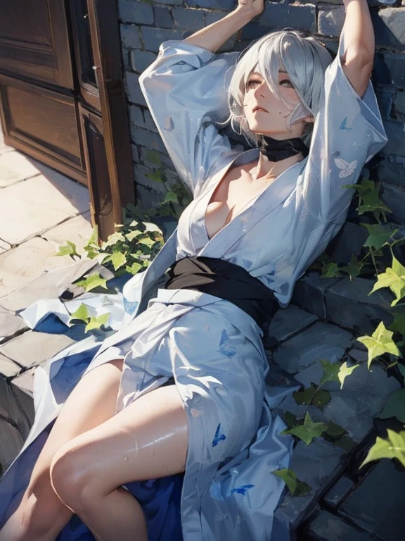 {(blue glowing eyes:1.4),(sensual look:1.4)},{erotic face,anguish,(patience:1.1),(very ecstasy:1.2),(writhing:1.4),embarrassing,half open eye},BREAK,{(obscene pose:1.2),(arched back:1.2),(arch one's head:1.4)},BREAK,{(realistic photo graphic style:1.2),(watercolor image:1.4),(sketch drawing),overall light color},{(simple configuration:1.1),(look away:1.2)},{(Part of the stucco wall is ivory_white_brick),(ivy crawl on the wall:1.4)},BREAK,{(butterfly pattern on pearl_colored yukata:1.4),(disheveled yukata:1.4)},BREAK,{(clavicle:1.2),(cleavage between breasts:1),(shoulder:1.2),(thigh:1.4),(armpits:1),(sweat on the neck:1.2),Fascinating nape},BREAK,{(solo, YoRHa type of Nier Automa):1.2, (white_silver colored hair:1.4), short cut hair, (blue glowing eyes:1.4),(black bandana in hair:1.5)},BREAK,{(masterpiece,best quality, 8K UHD, extremely detailed CG, detailed beautiful face and eyes and skin and hair)}