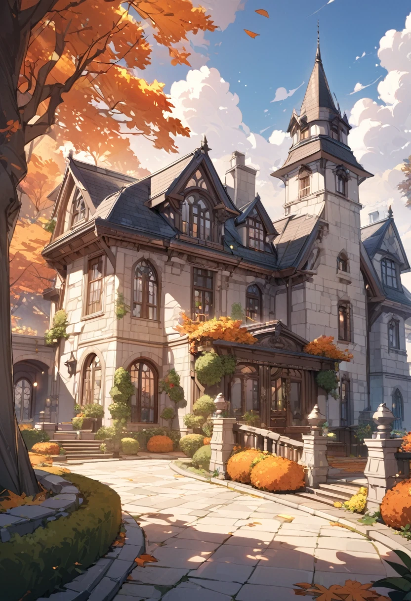 Masterpiece, soft and warm light, autumn, beautiful sky. A huge luxurious manor with arched window and slate roof. Large tower on the side, stone porch, white stone, lush garden