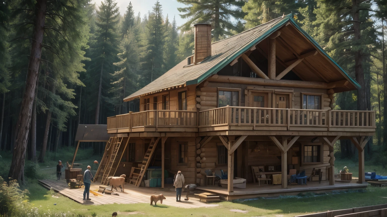 Noah, a gentle bearded man, builds a wooden ark in a forest. Noah and his family work together, using simple tools. Curious animals watch the construction. Pixar style, warm colors, rural setting