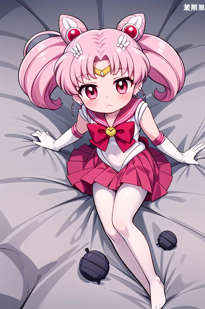 high quality，Solitary，Sailor Moon，young年，Big Head，cute，Metal hairpins，（ girl），（小Loli），Pink Hair，short hair，（Red hairpin），（Double tail），Sailor Suit，Red bow，White elbow gloves，Red Skirt，(White pantyhose:1.5)，(young)，(Small)，（小Short legs）（No shoes），（Short calves:2.0），（Short legs:1.6），（Thick white tights:1.5） ，（The body is petite:2.0），（White bed），（Little Feet），（Curl up），（Lying in bed:1.5），（turn over:1.5），（turn over:1.6），（Q Cute），（Soles:2.0），（Loli:5.0），（little5.0），（Leg Retraction 1.8）