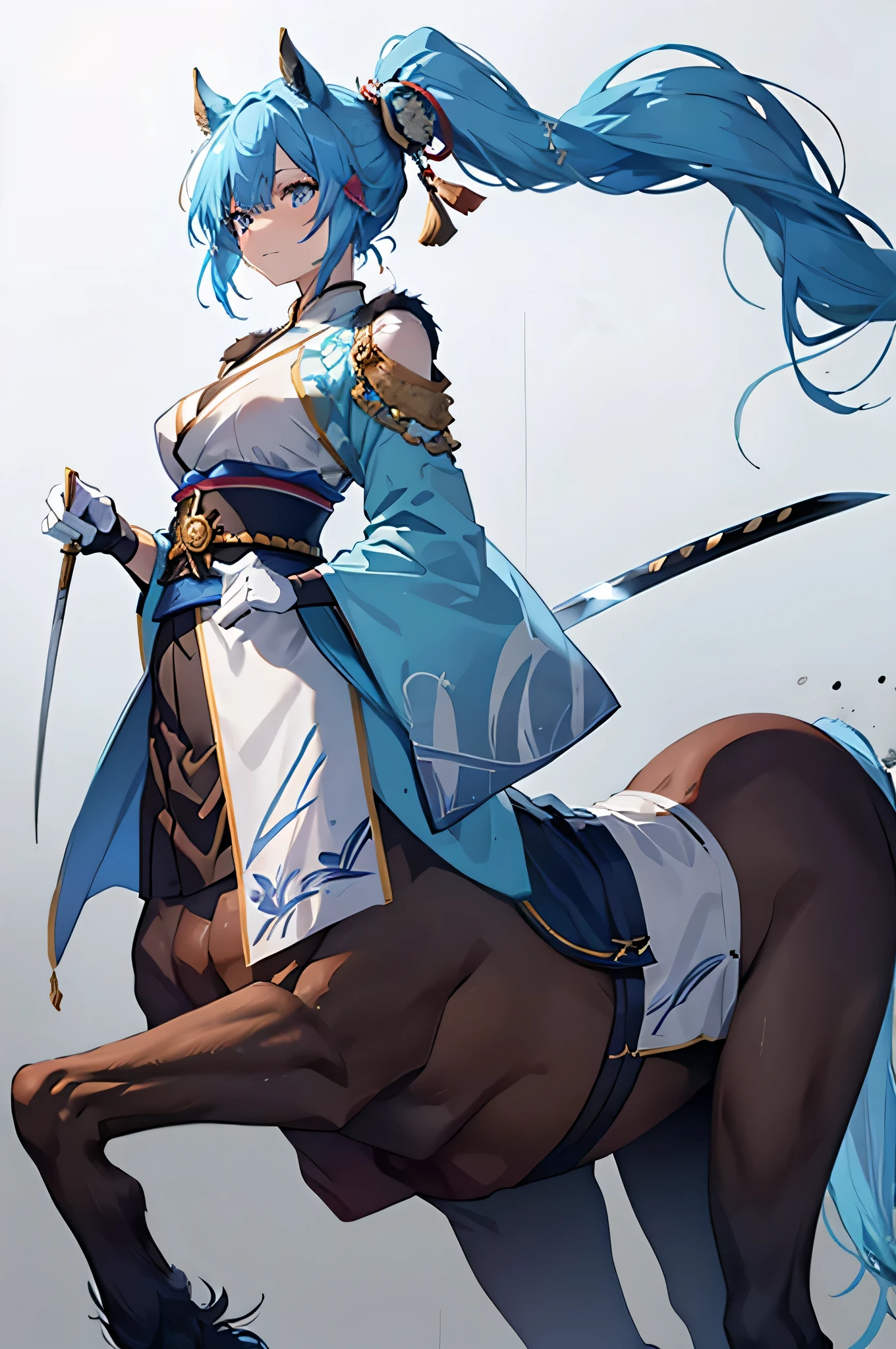 4K,High resolution,One Woman,centaur,Blue Hair,Short Ponytail,Big Breasts,Brown fur,Swordsman,White Chinese dress,White gloves,Jewelry decoration,Japanese sword,Medieval town