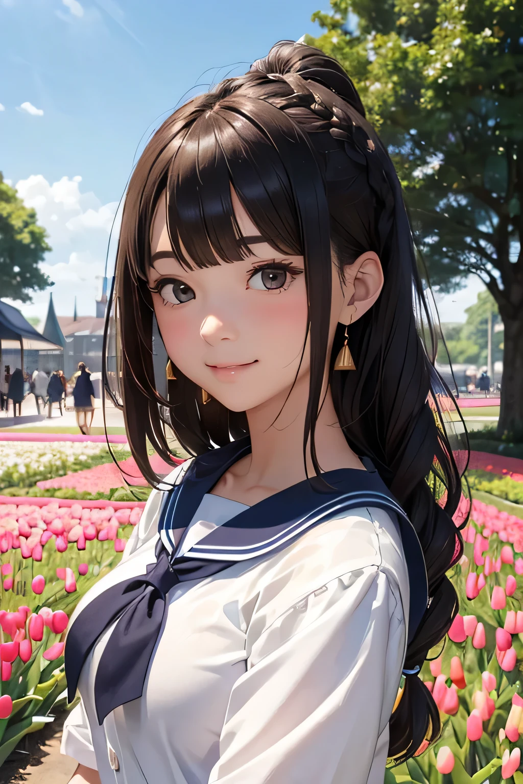 Highest quality、High resolution、Detailed Background、(Beautiful face in every detail:1.4)、Anatomically correct、Highly detailed face、Detailed eyes、Teenage beauty、Huge breasts、Perfect body line、Brown Hair、Black Hair、Braided bob cut、ponytail、Wavy Hairstyle、well-groomed eyebrows、Shiny navy blue sailor suit、White sailor collar、Checkered pleated skirt、White Stockings、School trip、A big smile、smile、A playful and fun atmosphere、Huis Ten Bosch、Tulip Fields、Natural beauty、Fantasy、
(Three girls taking a selfie with Tulip Fields in the background:1.5)、
Huis Ten Bosch is located in Sasebo, Nagasaki Prefecture.、It is a large-scale theme park that seems to recreate a European cityscape.、
Tulip Fields, illuminations and more for each season々The beautiful scenery spreads out before you, and there are plenty of attractions that can be enjoyed by both adults and children.、cute