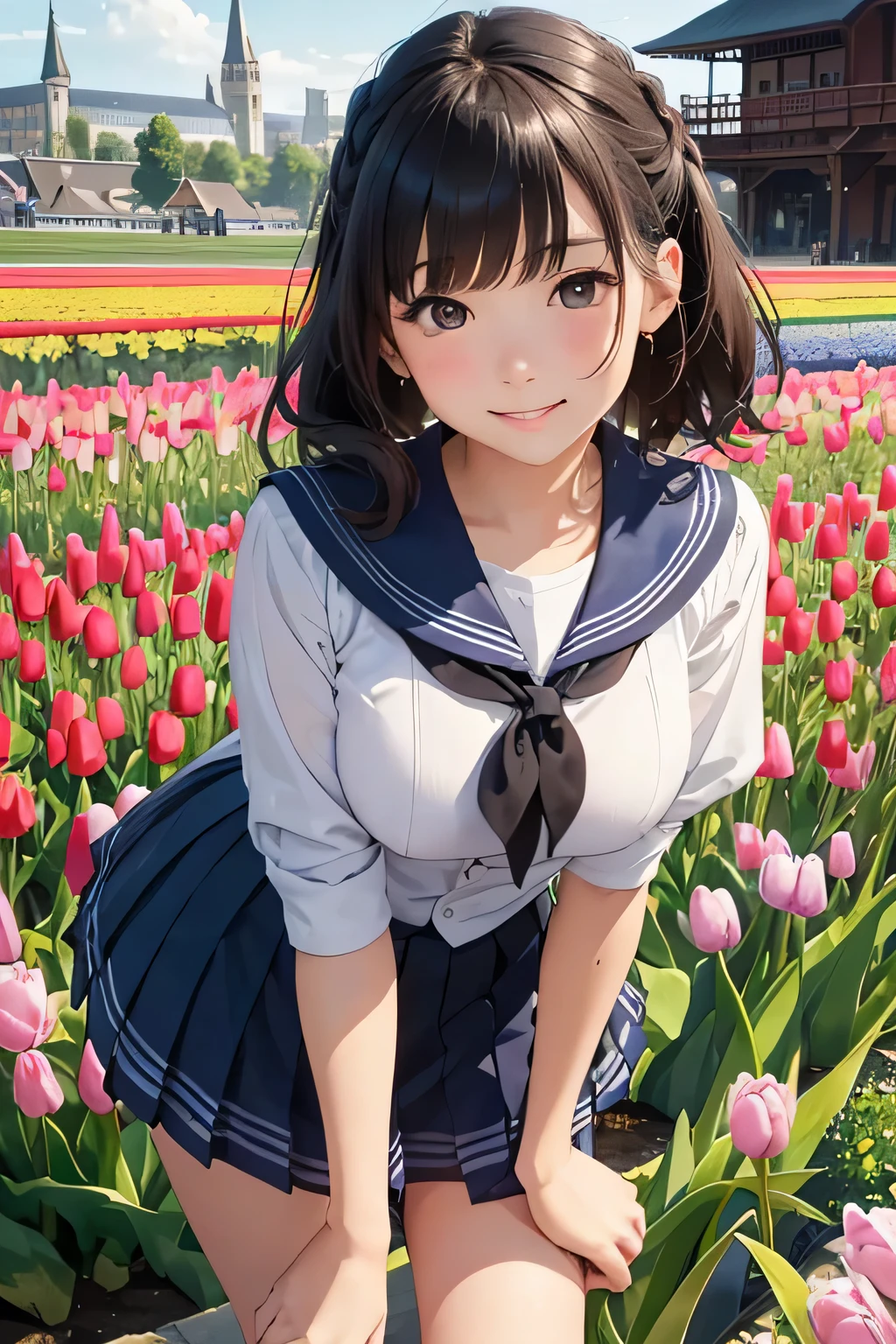 Highest quality、High resolution、Detailed Background、(Beautiful face in every detail:1.4)、Anatomically correct、Highly detailed face、Detailed eyes、age beauty、Huge breasts、Perfect body line、Brown Hair、Black Hair、Braided bob cut、ponytail、Wavy Hairstyle、well-groomed eyebrows、Shiny navy blue sailor suit、White sailor collar、Checkered pleated skirt、White Stockings、School trip、A big smile、smile、A playful and fun atmosphere、Huis Ten Bosch、Tulip Fields、Natural beauty、Fantasy、
(Three girls taking a selfie with Tulip Fields in the background:1.5)、
Huis Ten Bosch is located in Sasebo, Nagasaki Prefecture.、It is a large-scale theme park that seems to recreate a European cityscape.、
Tulip Fields, illuminations and more for each season々The beautiful scenery spreads out before you, and there are plenty of attractions that can be enjoyed by both adults and children.、cute