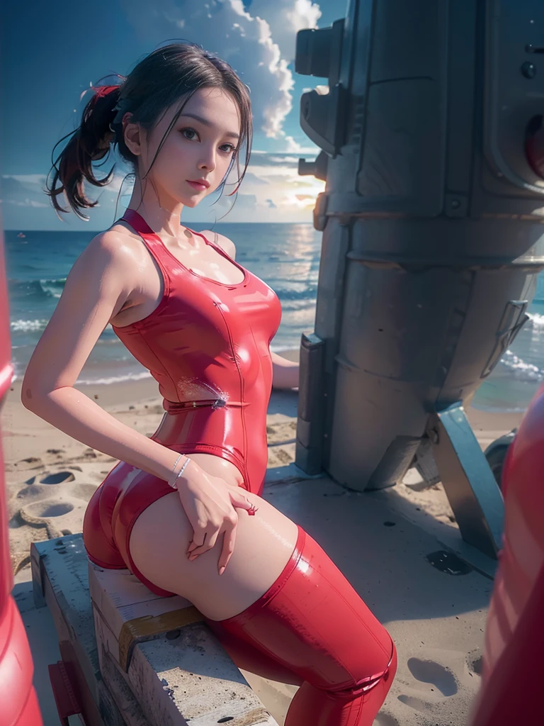 1girl, solo, (uniform), standing, at the beach,  beautifully ocean scenery, cute little smirk, detailed eyes, thick medium breasts, smooth realistic skin, red tight latex tanktop, red latex hot pants, looking at the audience, (Overhead shot:1.3), (zoom out:1.4), (8k, RAW photo, best quality, masterpiece: 1.2), (realistic, realistic: 1.37), ultra-high resolution