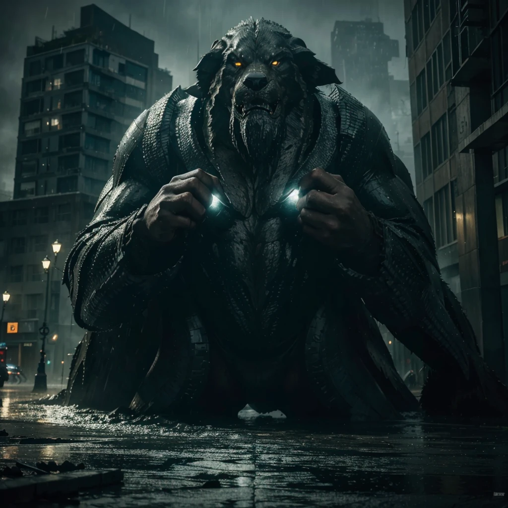 wolves, Colossal, destroying cities, in the rain, the night, ((best qualityer, extreme quality, Masterpiece artwork)), realisitic