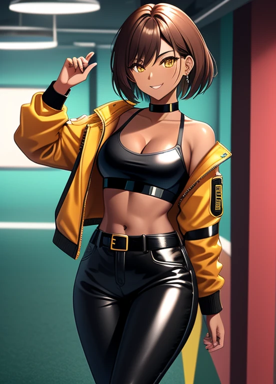 high quality, extremely detailed, perfect face, 1girl, solo, 26 years old, tomboy, (shiny skin), midriff, (tan-bronze skin), (Yellow eyes), short brown hair, medium breasts, (Cleavage), (Wearing: blue jacket, choker, Strapless black top, Belt, Black shiny leather pants), tight fitting clothing, piercings, toned, hourglass figure, athletic, snarky expression, wide smile, at rave, nightclub,
