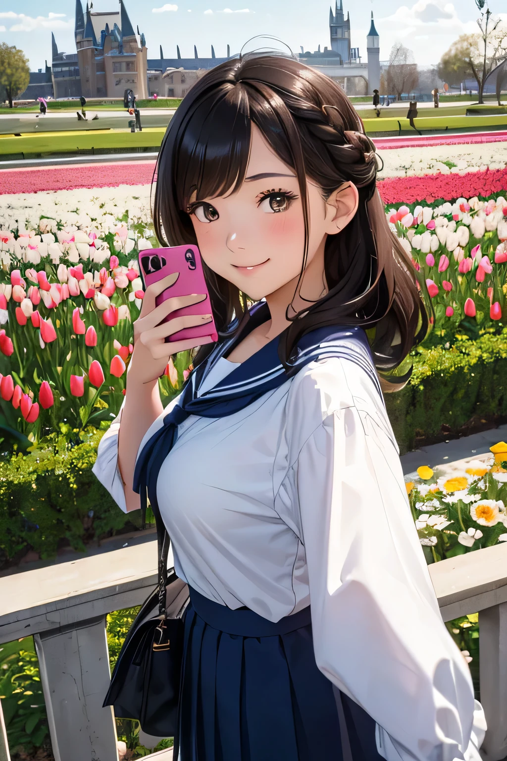 Highest quality、High resolution、Detailed Background、(Beautiful face in every detail:1.4)、Anatomically correct、Highly detailed face、Detailed eyes、Teenage beauty、Huge breasts、Perfect body line、Brown Hair、Black Hair、Braided bob cut、ponytail、Wavy Hairstyle、well-groomed eyebrows、Shiny navy blue sailor suit、White sailor collar、Checkered pleated skirt、White Stockings、School trip、A big smile、smile、A playful and fun atmosphere、Huis Ten Bosch、Tulip Fields、Natural beauty、Fantasy、
(Three girls taking a selfie with a famous spot in the background:1.5)、

Huis Ten Bosch is located in Sasebo, Nagasaki Prefecture.、It is a large-scale theme park that seems to recreate a European cityscape.、
Tulip Fields, illuminations and more for each season々The beautiful scenery spreads out before you, and there are plenty of attractions that can be enjoyed by both adults and children.、cute