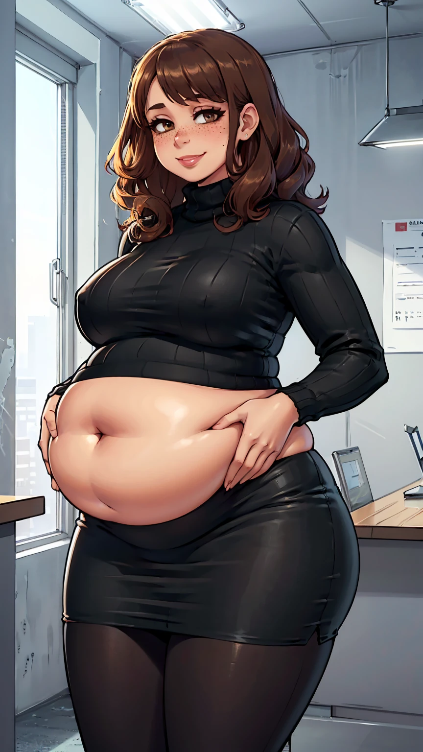 ((Masterpiece, best quality, perfect lighting, amazing shading)), perfect anatomy, field of depth, extremely beautiful, long brown hair, curly hair, dark brown eyes, freckles, black ribbed sweater, black pencil skirt, tights, cute smile, ((plump)), blushing, (cowboy shot), (elegant pose), office background with lots of windows, detailed background