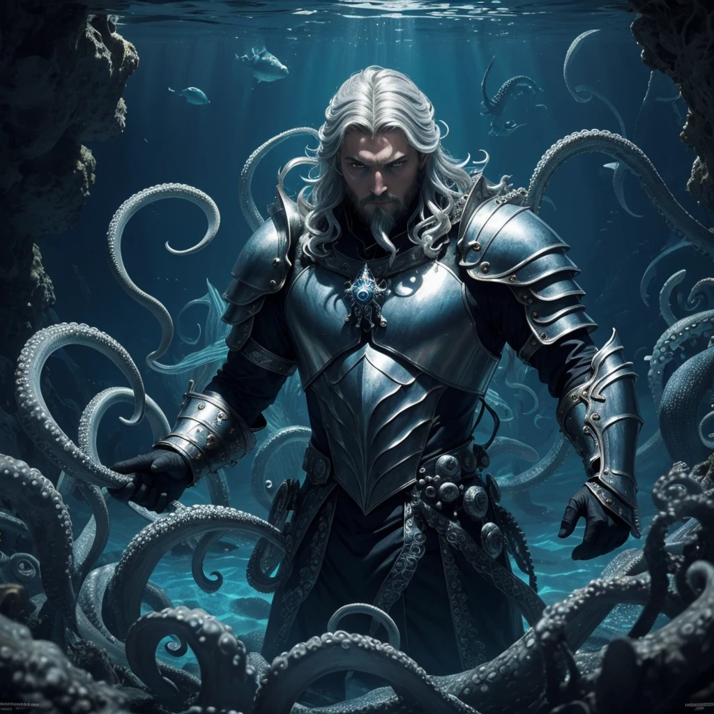 (extremely detaile, tmasterpiece, Best quality, Under the ocean), in dark style, Volumetric illumination. Medieval armor, Beautiful man, silver hair，blueeyes，, Tentacle, deformation, underwater image, Threatens the octopus beak. Ink stains. Rococo composition. Caravaggio's light