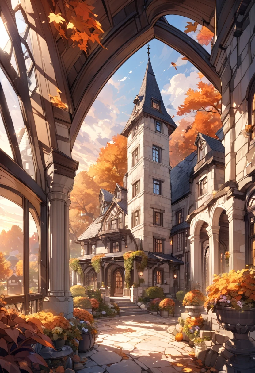Masterpiece, soft and warm light, autumn, beautiful sky. A luxurious manor with arched window and slate roof. Large tower on the side, stone porch, white stone, lush garden