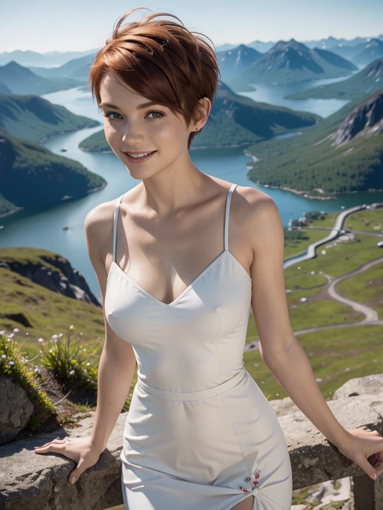 slim feminine figure, redhead, freckles, best quality, realistic skin texture, photography, detailed facial features, film grain texture and high contrast, extremely high-resolution details, photographic, photorealistic, hyper-realistic, HDR, masterpiece, ((short pixie hair)), a white flowy summer dress with flower prints and a v-neck, standing on view point in the Norwegian mountains with a magnificent view, smiling, ((medium perky firm round breasts)), thin waist, wide hips