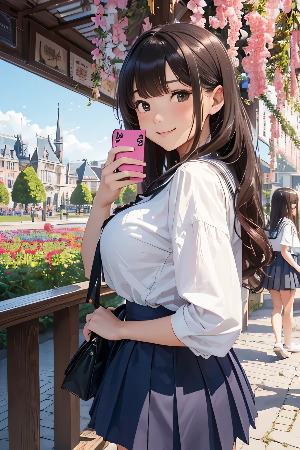 Highest quality、High resolution、Detailed Background、(Beautiful face in every detail:1.4)、Anatomically correct、Highly detailed face、Detailed eyes、age beauty、Huge breasts、Perfect body line、Brown Hair、Black Hair、Braided bob cut、ponytail、Wavy Hairstyle、well-groomed eyebrows、Shiny navy blue sailor suit、White sailor collar、Checkered pleated skirt、White Stockings、School trip、A big smile、smile、A playful and fun atmosphere、Huis Ten Bosch、Tulip Fields、Natural beauty、Fantasy、
(Three girls taking a selfie with a famous spot in the background:1.5)、
Huis Ten Bosch is located in Sasebo, Nagasaki Prefecture.、It is a large-scale theme park that seems to recreate a European cityscape.、
Tulip Fields, illuminations and more for each season々The beautiful scenery spreads out before you, and there are plenty of attractions that can be enjoyed by both adults and children.、cute